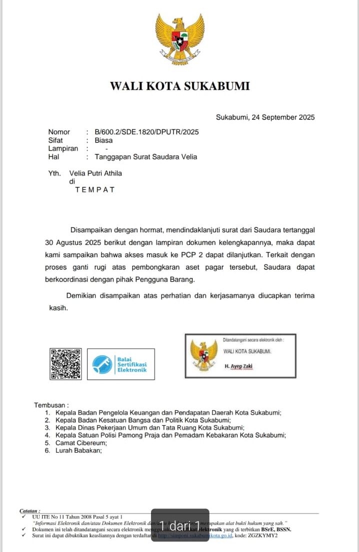 Surat izin akses dari Wali Kota Sukabumi tertanggal 24 September 2025 yang diklaim menjadi dasar pembukaan tembok.